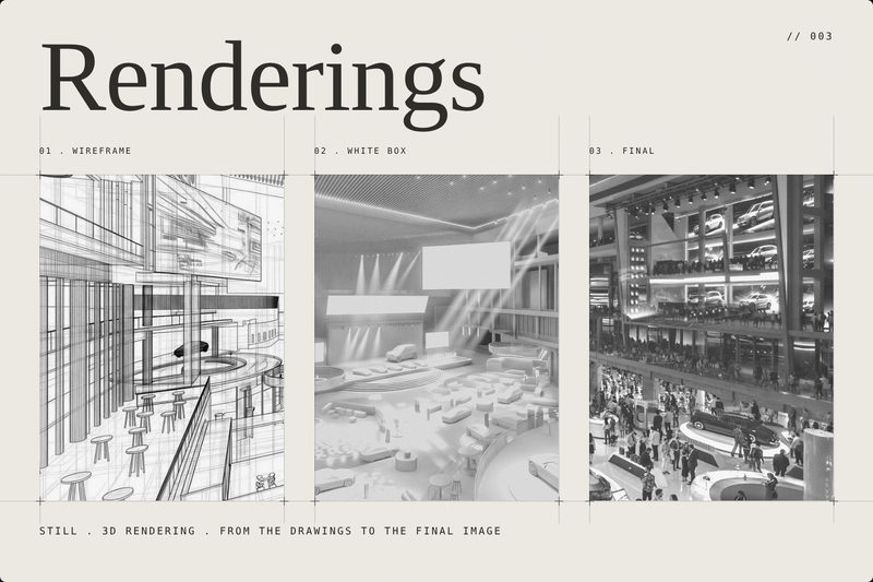 Renderings, from wireframe to final