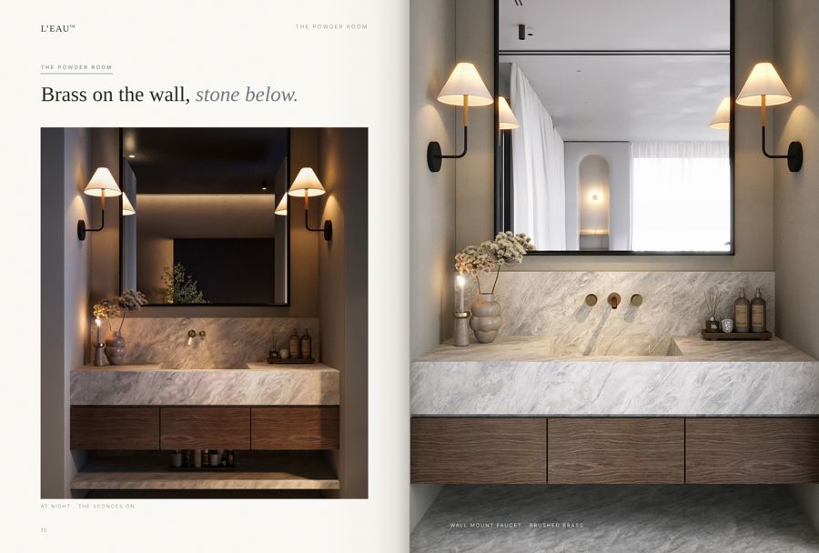 Spread: brass on the wall, stone below