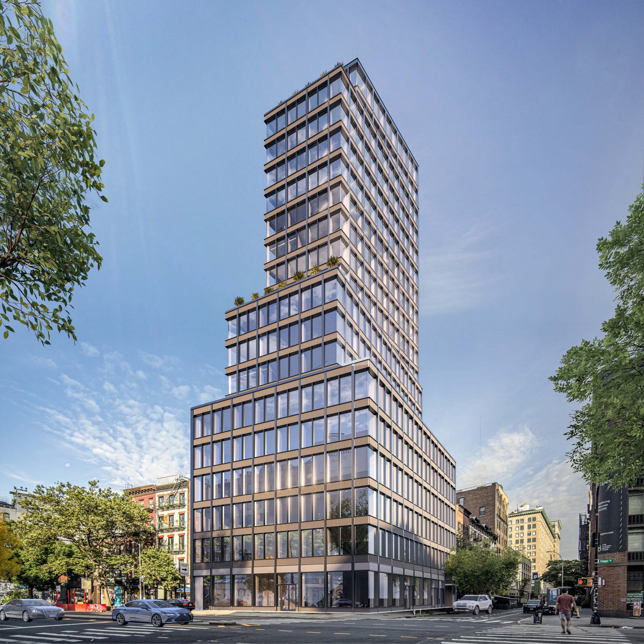 A residential tower, rendered