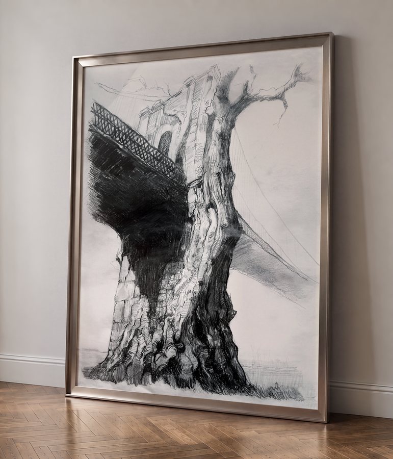 A large charcoal drawing of a gnarled tree trunk beneath a bridge, framed and leaning against a wall