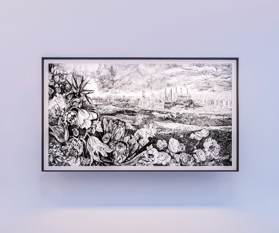 A wide drawing of flowers in the foreground and the city skyline behind