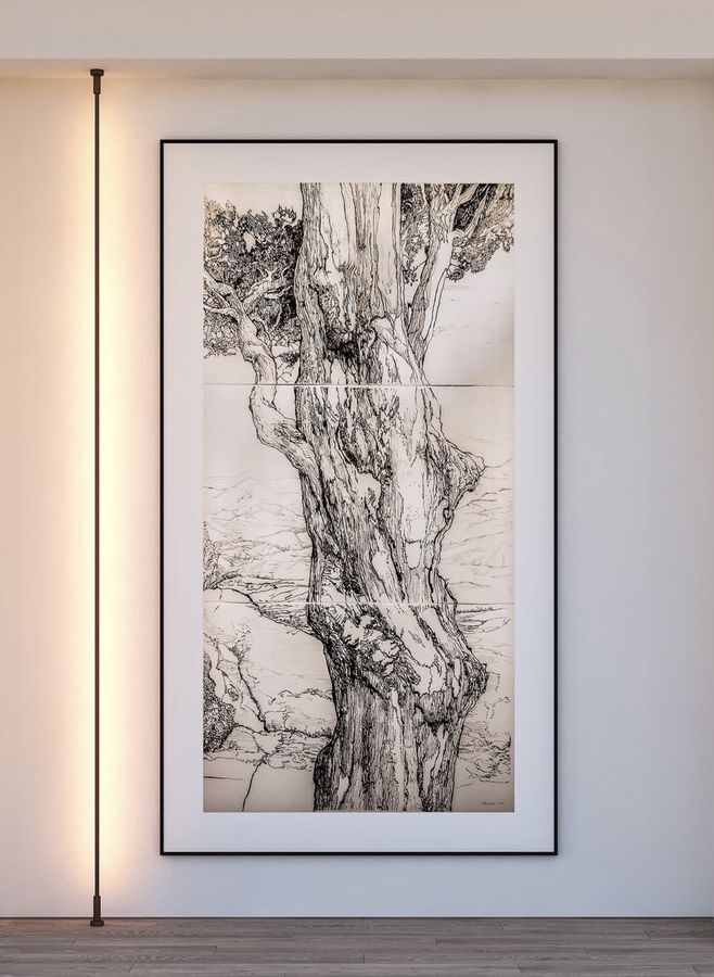 A tall drawing of a tree trunk in three panels, framed on a wall