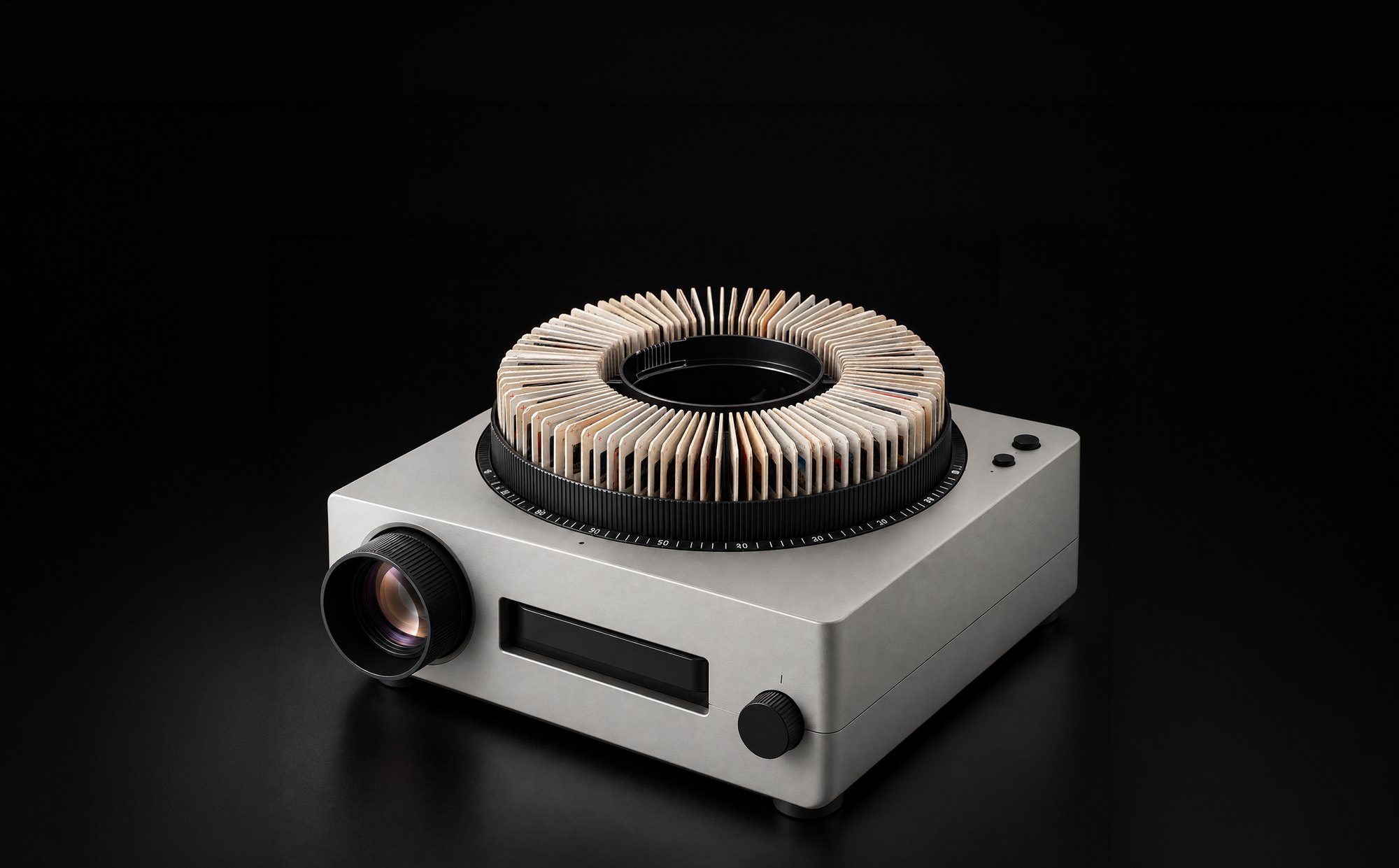 A slide projector with a carousel tray of photographs